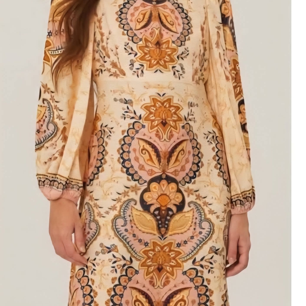 FARM Rio Cream A-Line Bishop Sleeve Dress